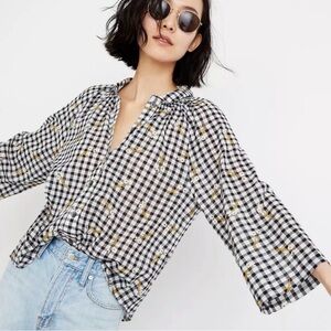 Black & White Gingham Button-Front Top with Floral accents